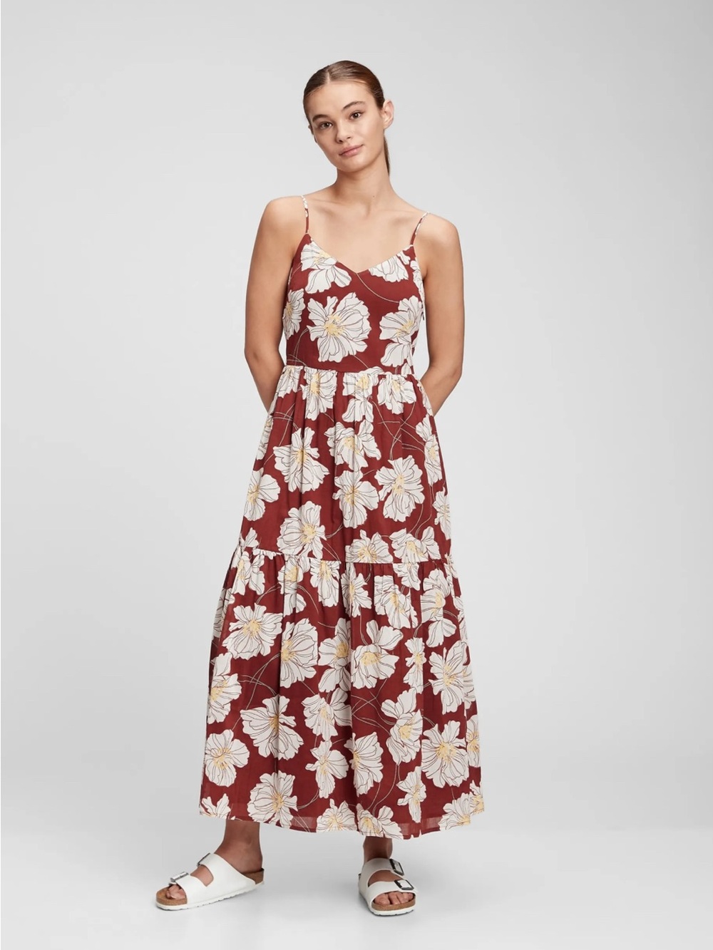 GAP Sukienka Brownish Red Floral Maxi Sundress with White Blooms Size 6